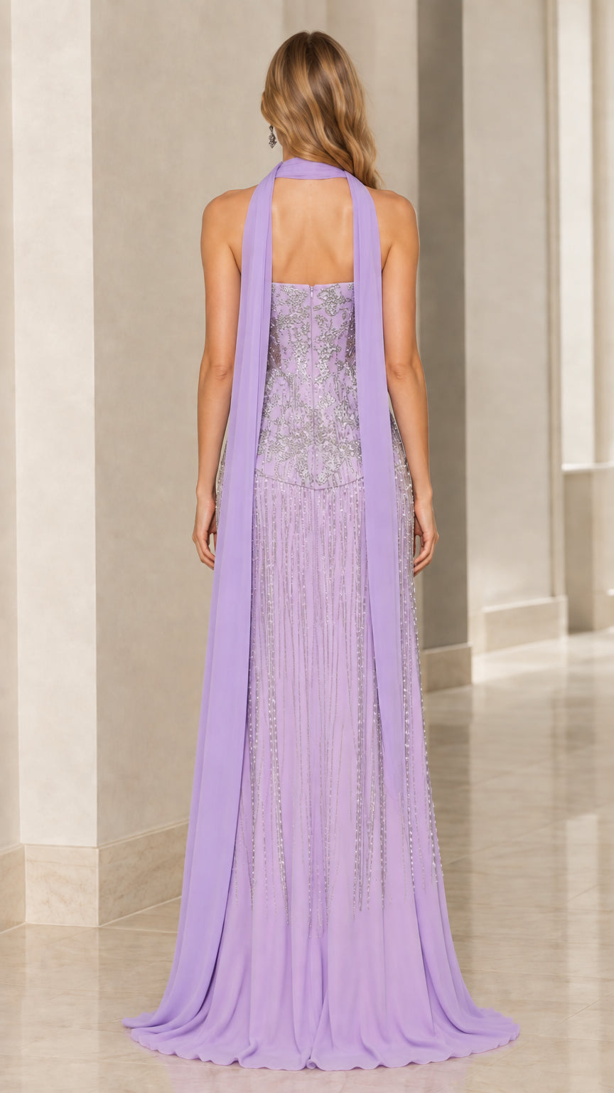 Back view of lavender strapless maxi dress showing flowing neck scarf streamers