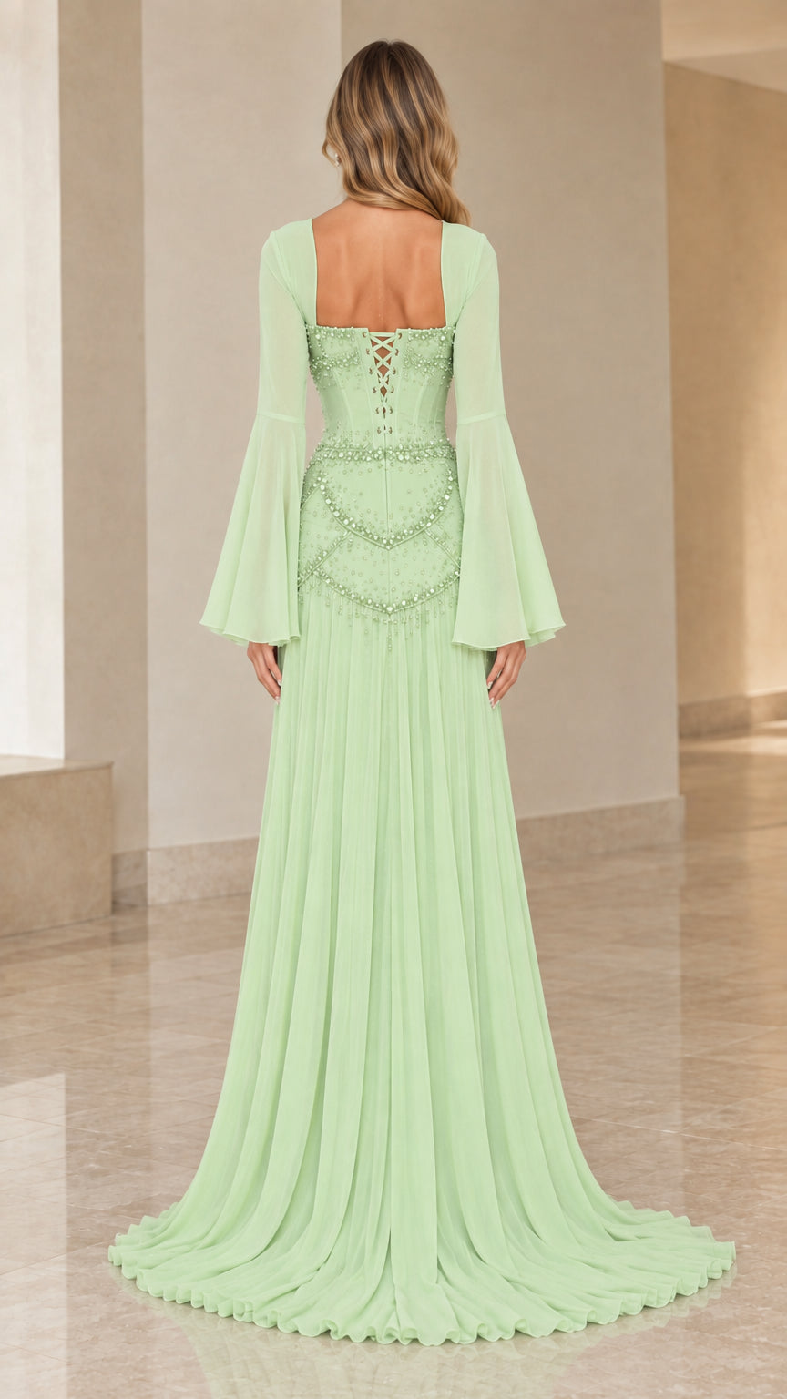 Mint green evening gown back view showing lace-up corset and sweep train