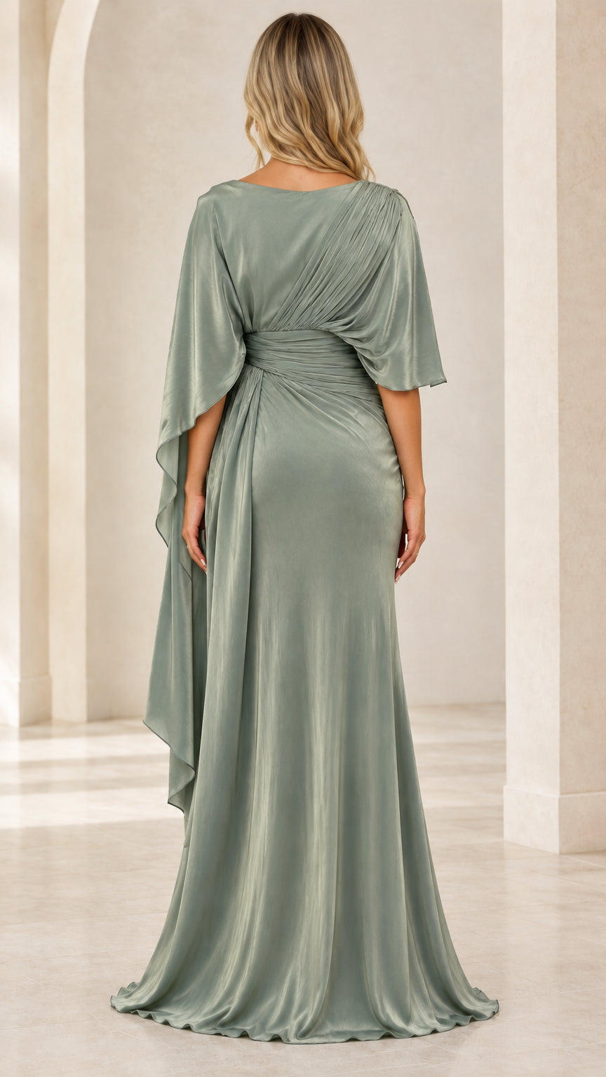 Sage Green draped cape back view floor length gown