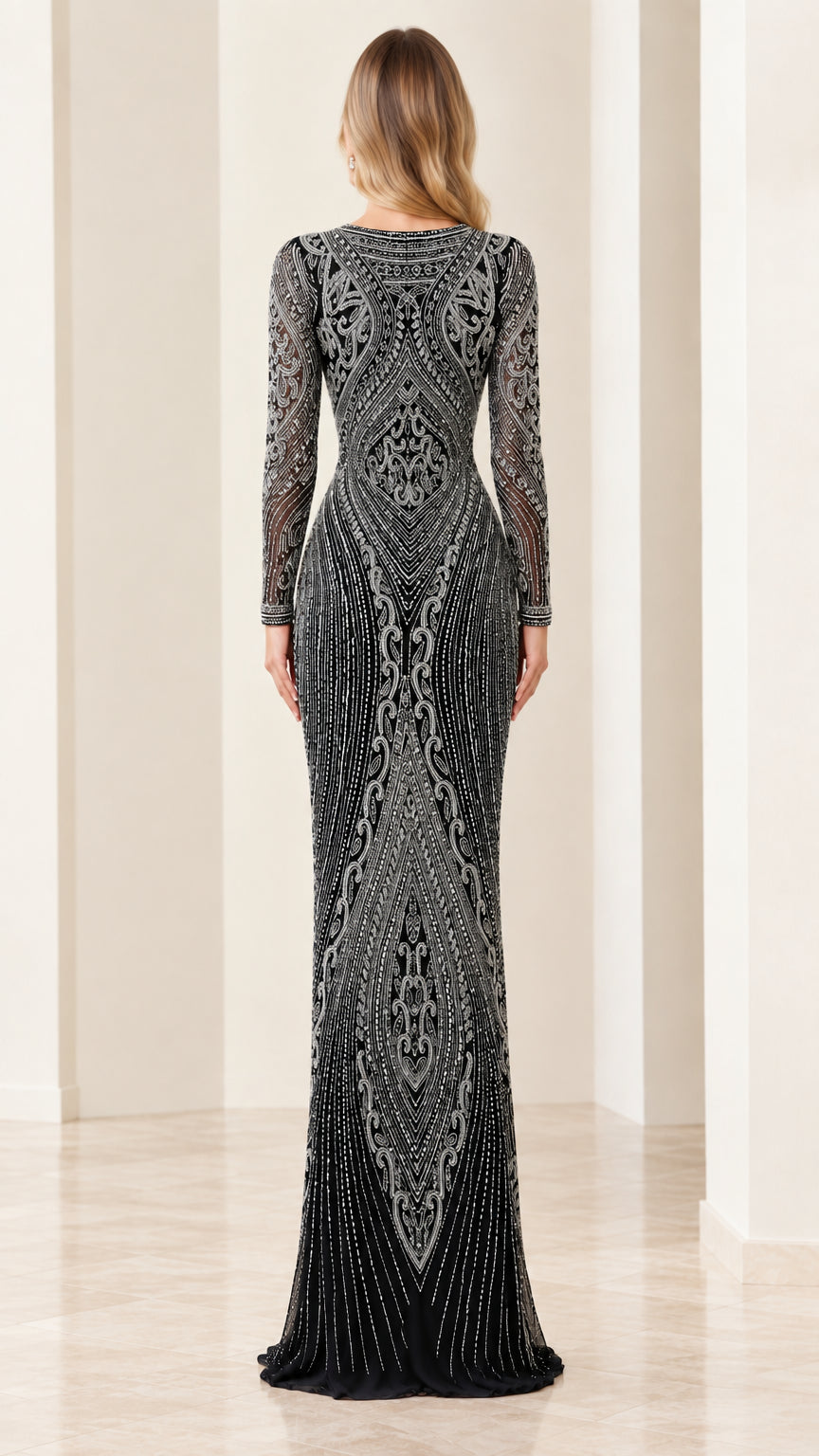 Back view of model in elegant long sleeve black beaded evening dress