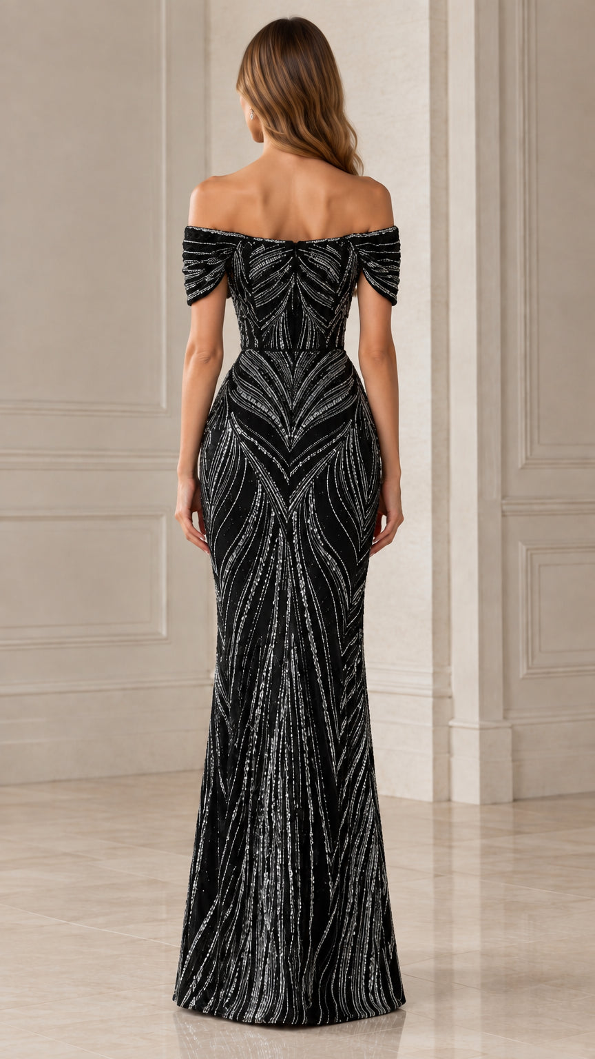 Back view of model in elegant black off-shoulder sequined mermaid gown