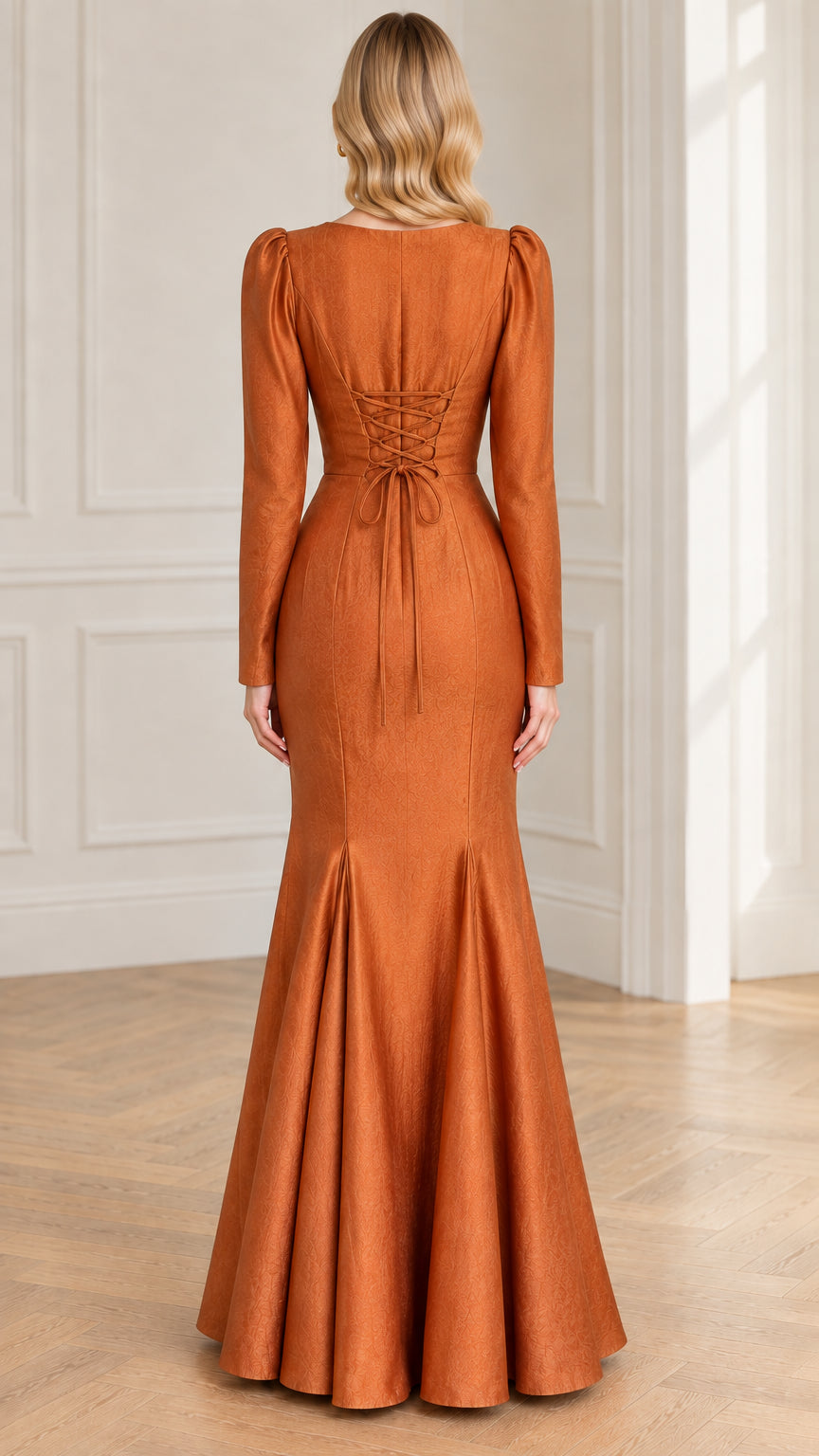 Back view of woman showcasing the corset lace-up back on Rust Orange evening gown