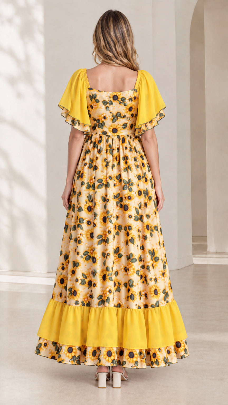 Back view of yellow sunflower print maxi dress showing square back and flowy tiered skirt