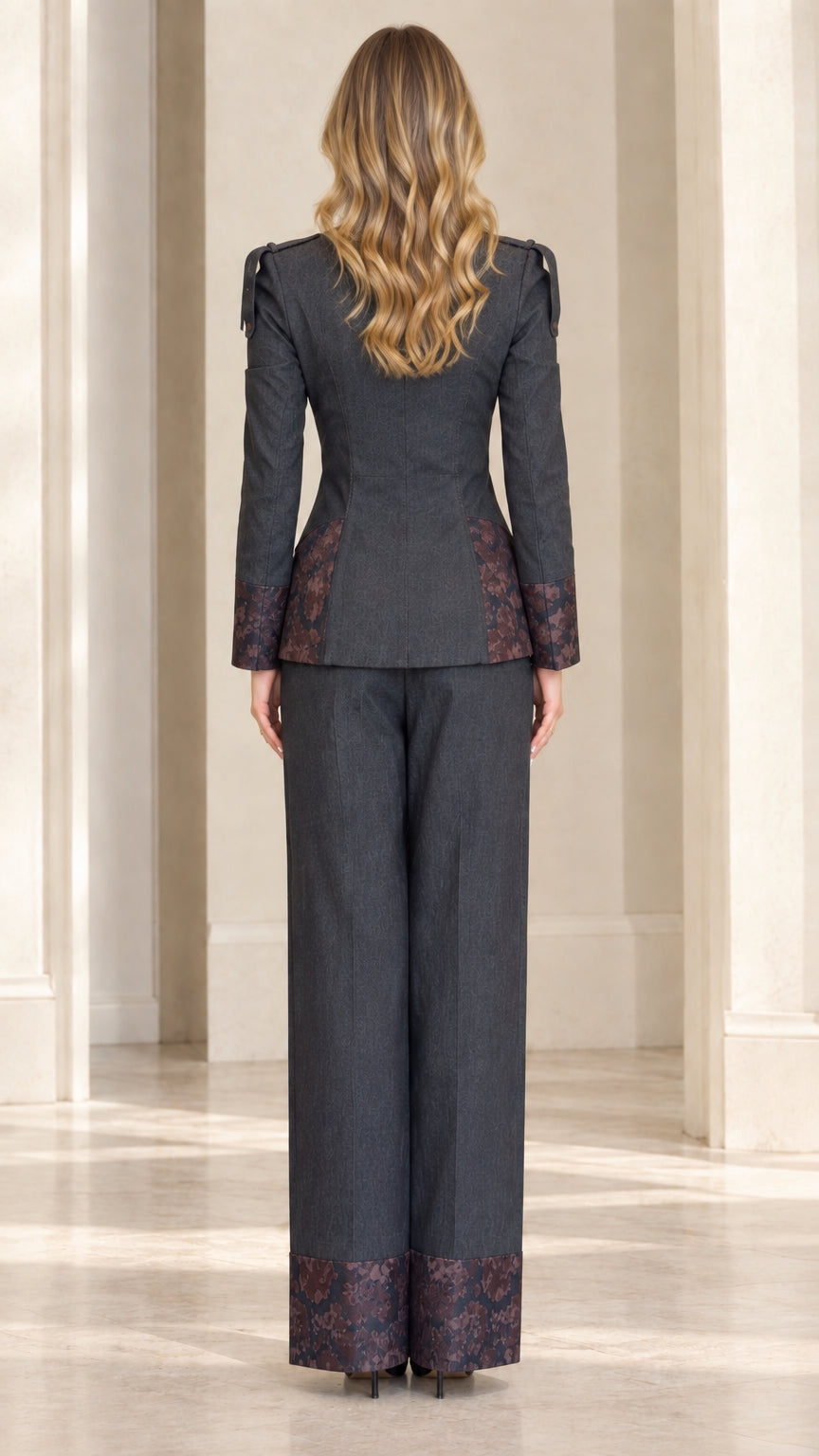 Back view of charcoal grey jacket and wide-leg trousers featuring clean seamlines and jacquard side panels