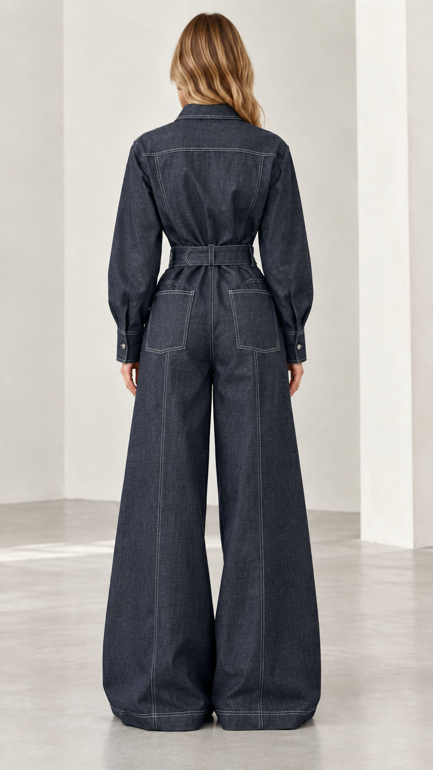 Back view of model wearing dark blue contrast stitch denim jumpsuit showing back pockets and waistline