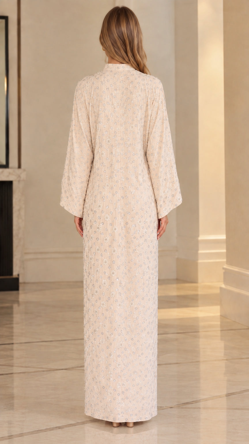 Cream floral sequin embroidered kaftan maxi dress back view on model