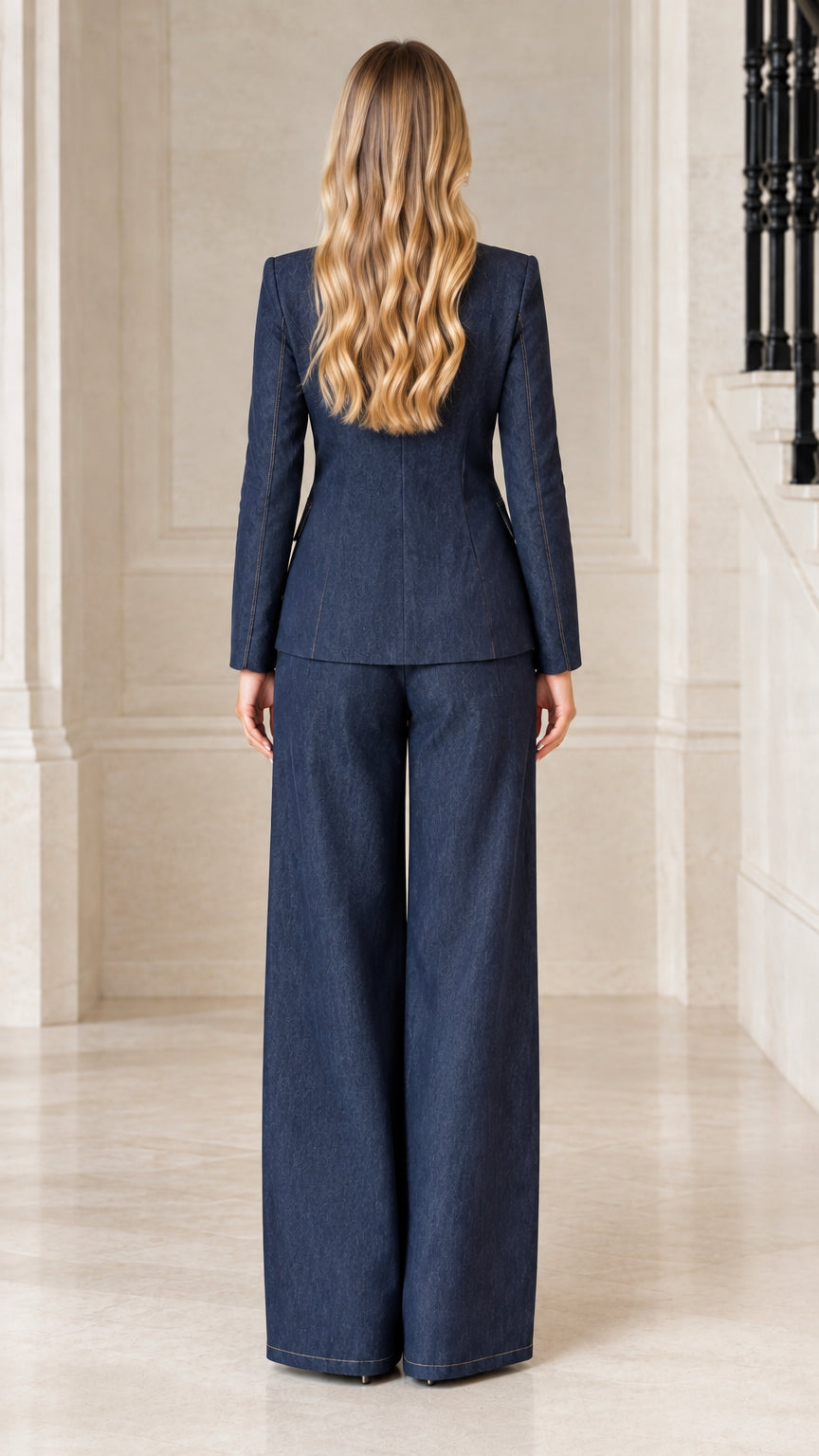 Back view of model wearing Navy Blue fitted blazer and wide-leg trousers