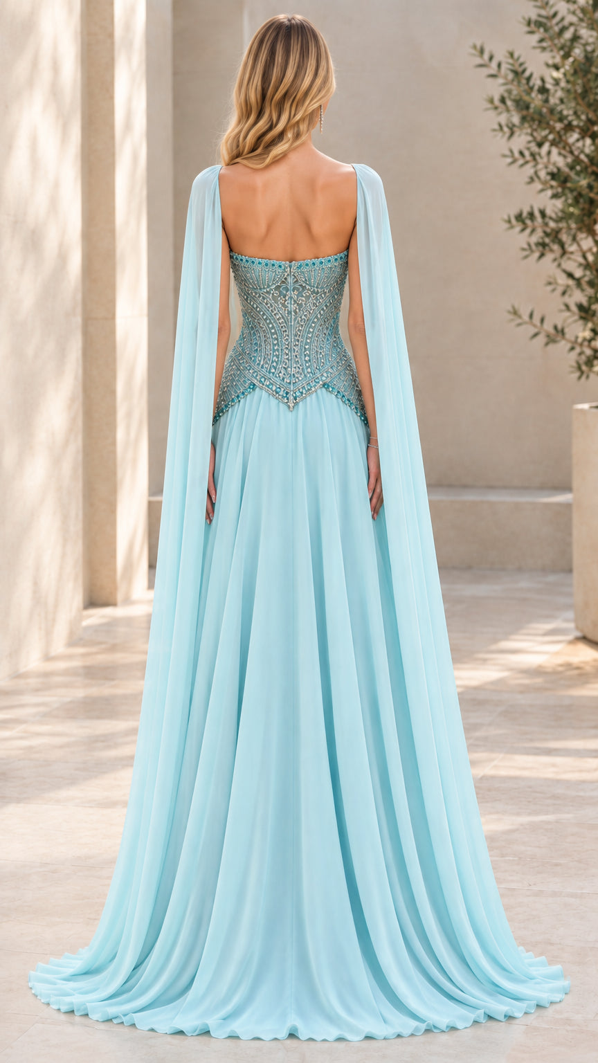 Back view of Sky Blue floor-length cape gown highlighting rear bodice and drape