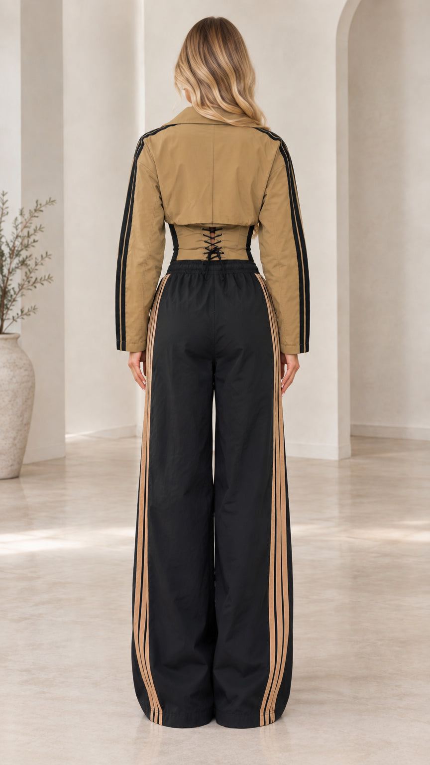 Back view of camel and black tracksuit jacket showing corset lace-up detail and wide pants