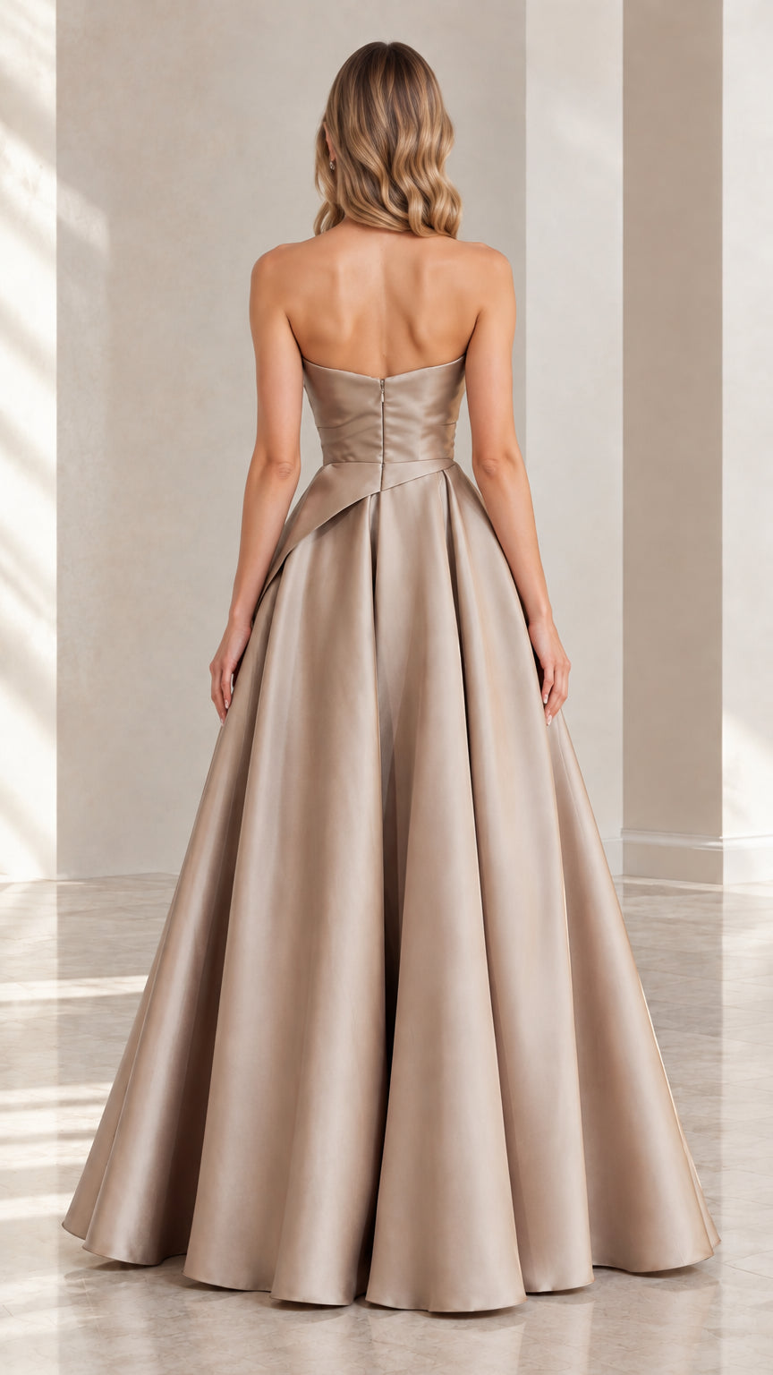 Champagne strapless A-line evening gown back view