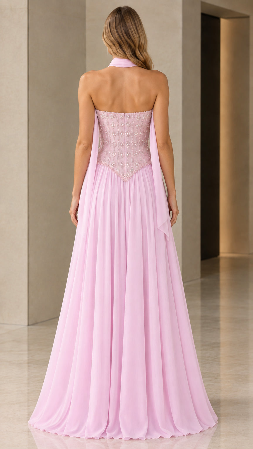 Back view of model showing drape scarf and flowing pink skirt