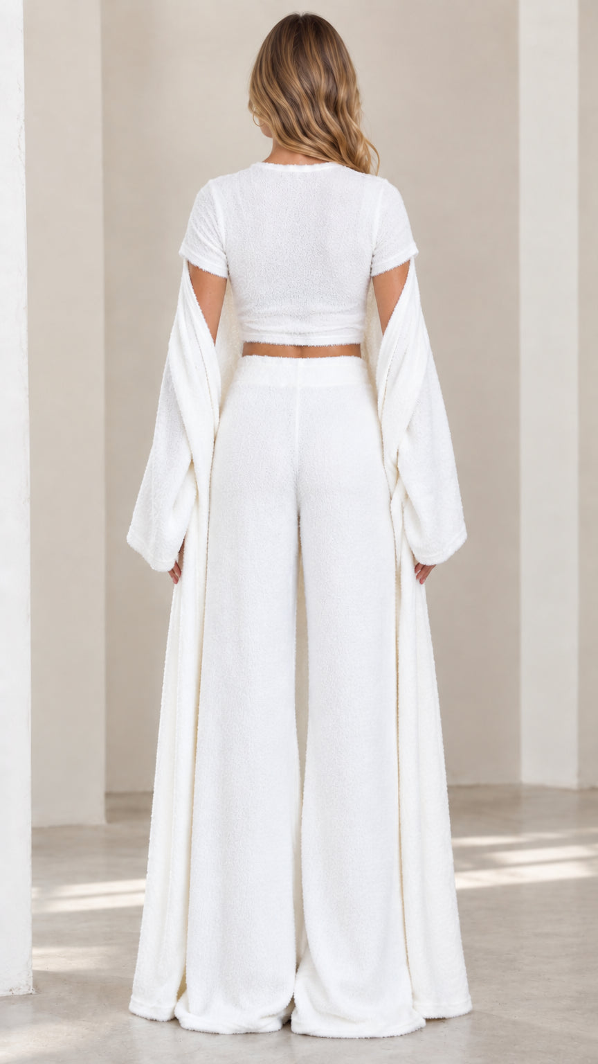 Back view of white fuzzy knit loungewear set with maxi cardigan
