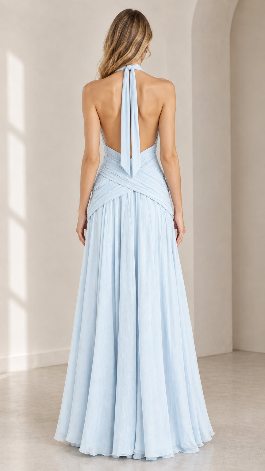 Back view of sky blue halter backless evening dress