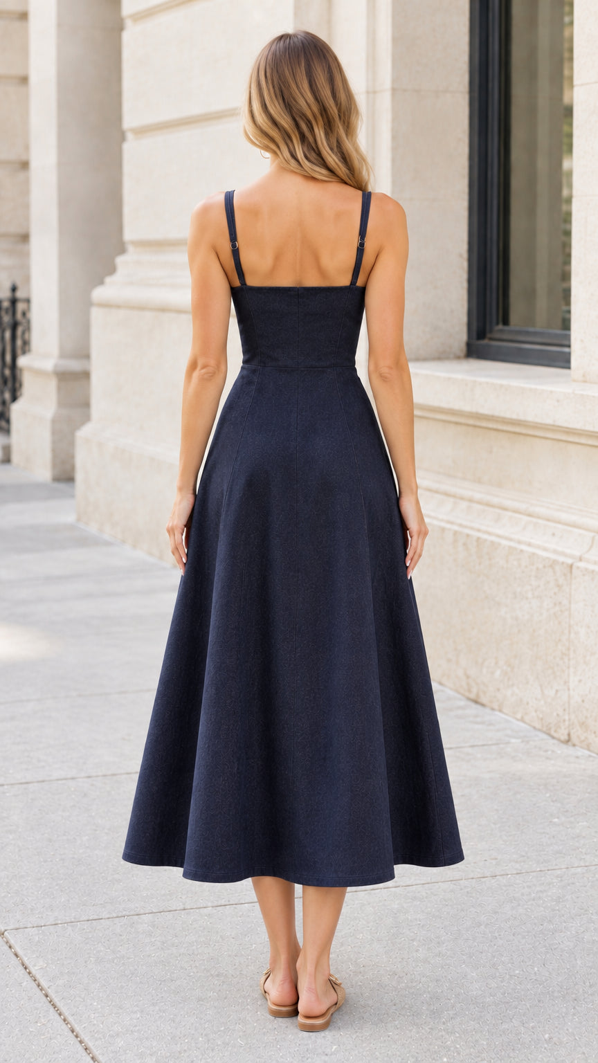 Back view of navy blue sweetheart midi dress with adjustable straps