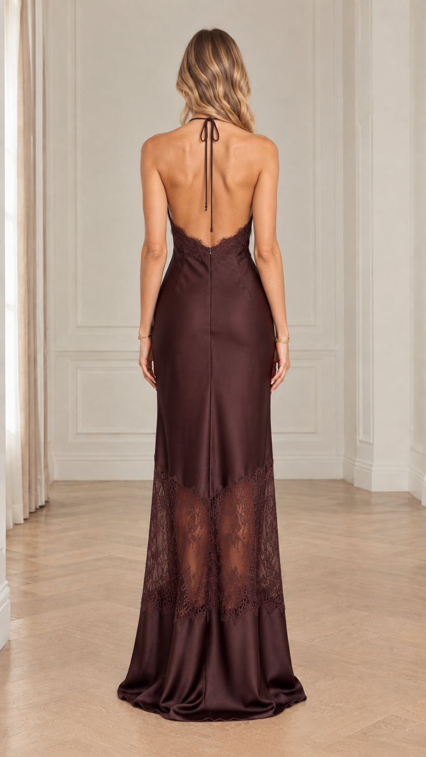 Back view of Chocolate Brown Halter Open Back Satin Maxi Dress
