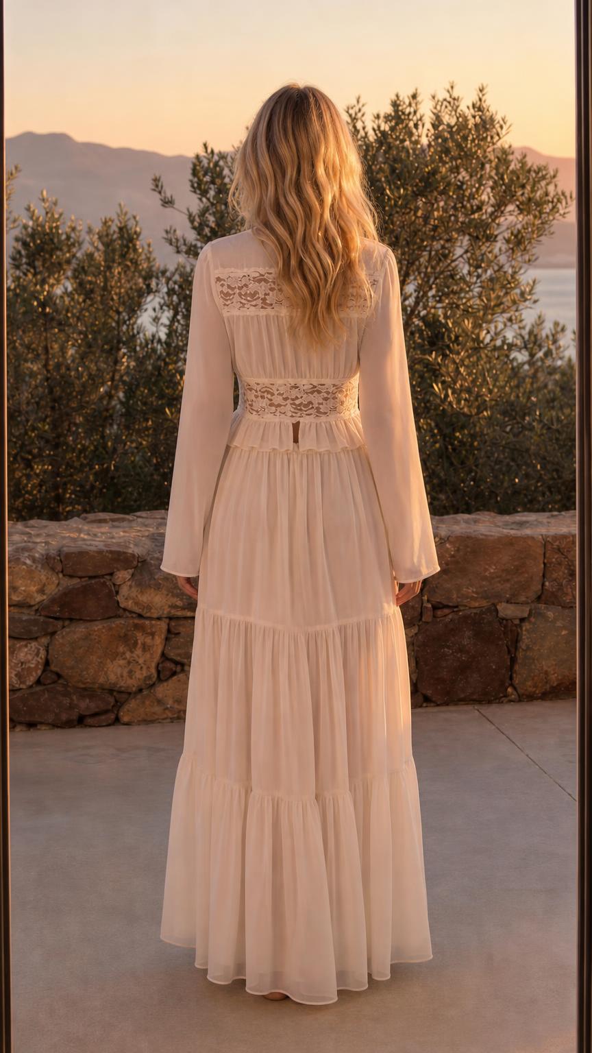 Back view of Ivory boho lace trim maxi dress