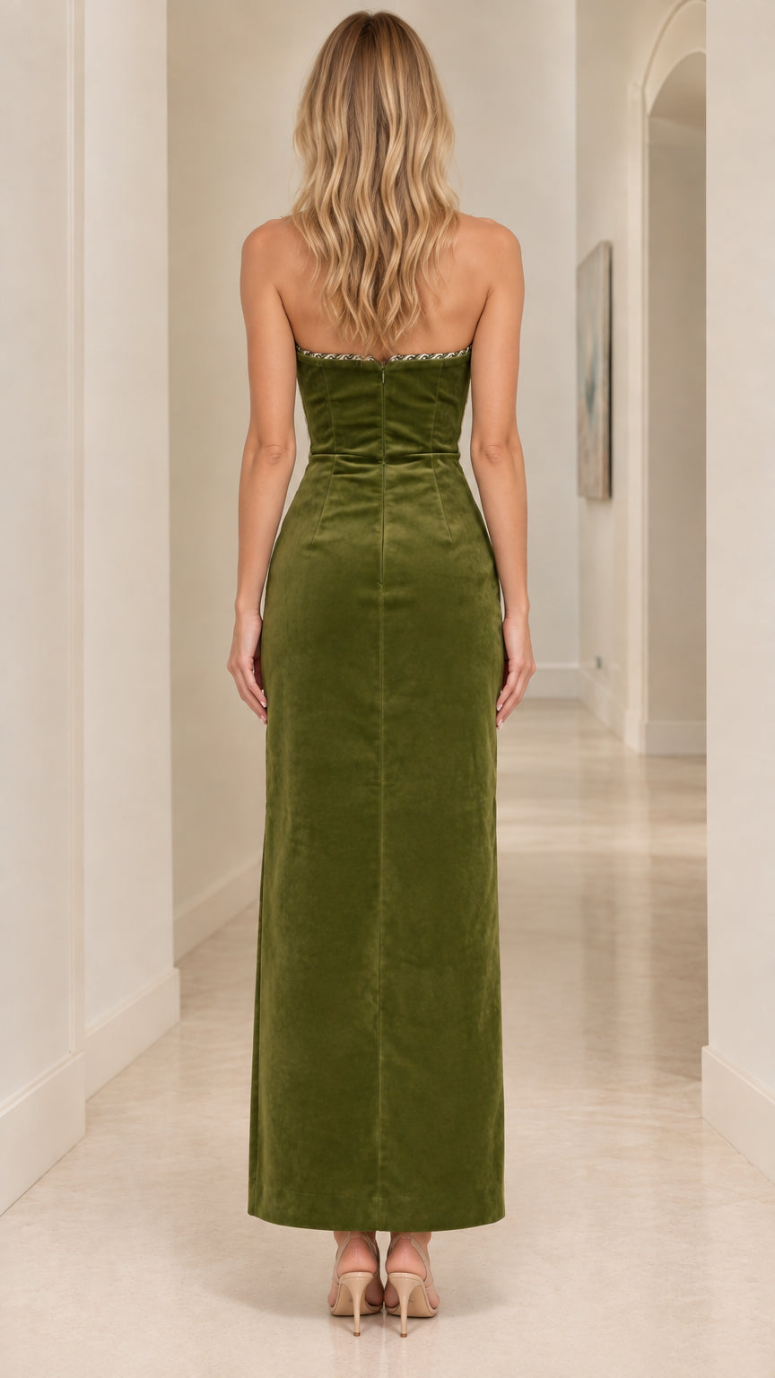 Back view of strapless olive green velvet maxi evening dress