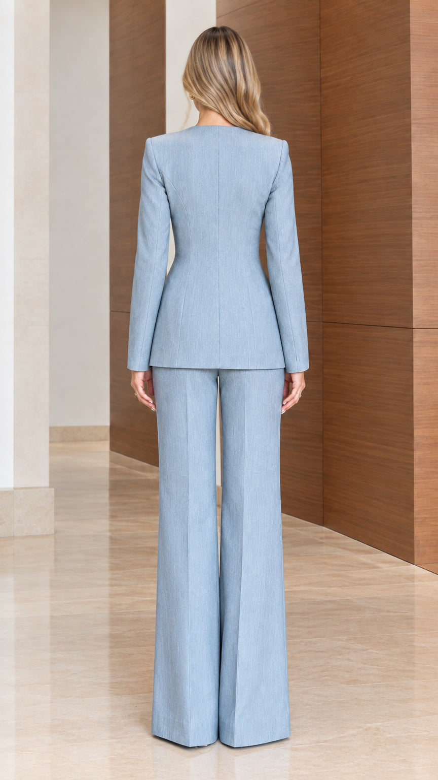 Back view of women's light blue fitted blazer and wide-leg trousers
