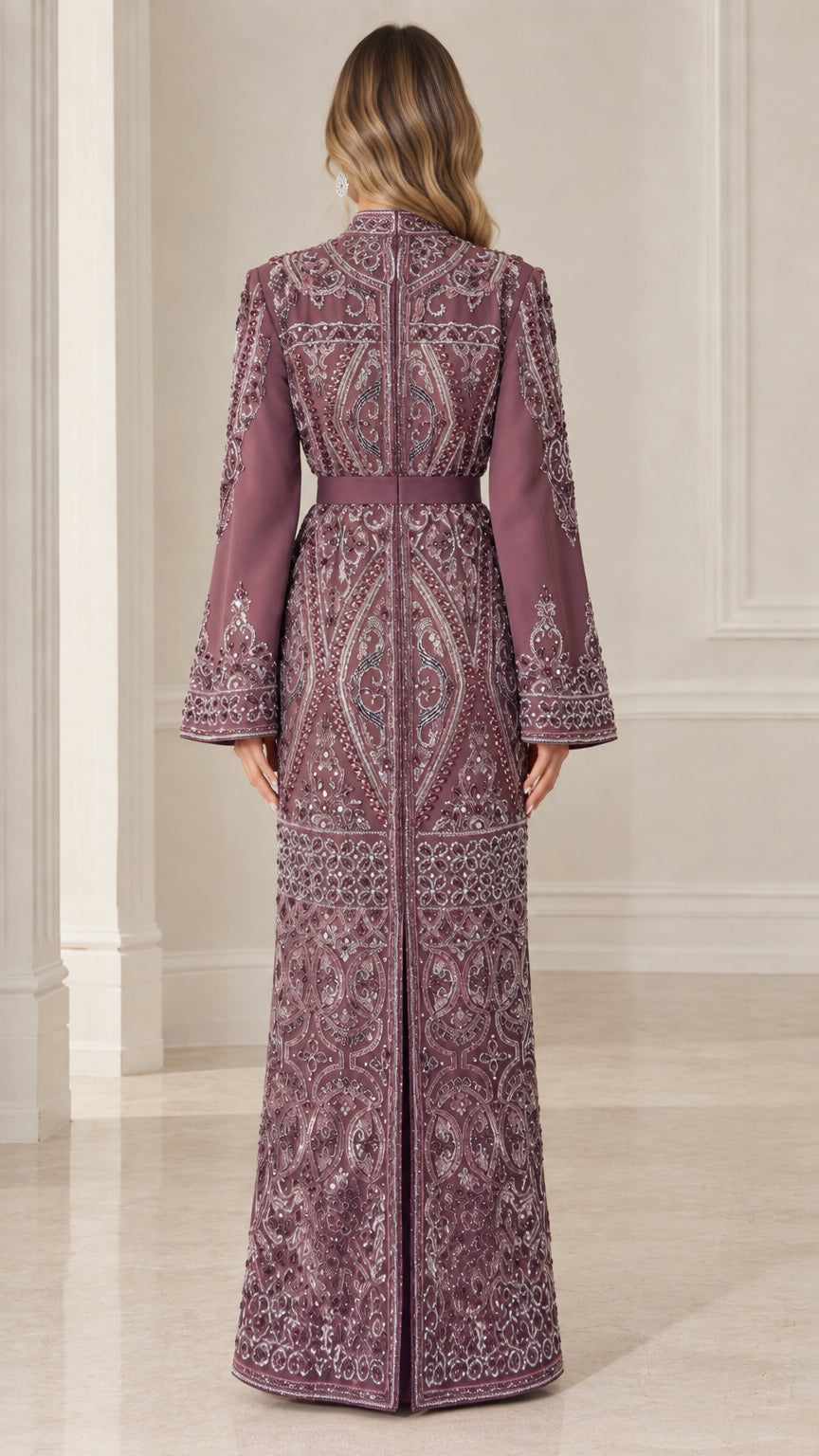Back view of model in floor-length plum embroidered kaftan dress