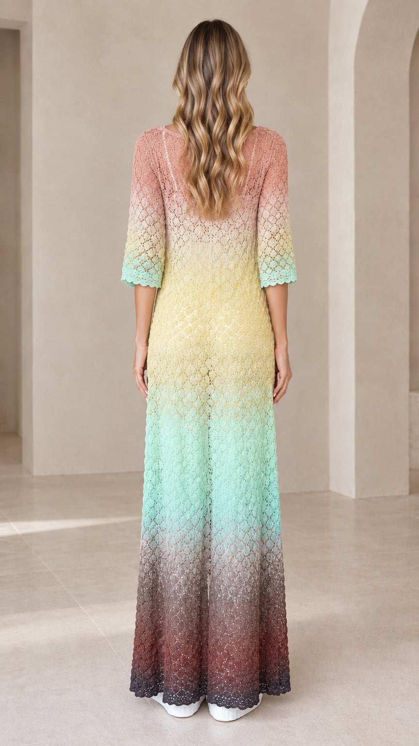 Back view of woman wearing Pastel Multi ombré open-knit maxi duster cardigan