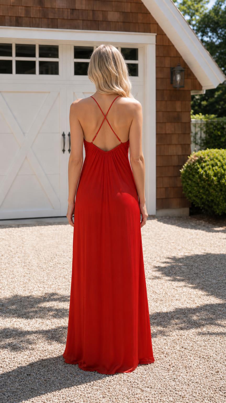 Back view showing criss-cross straps on Red maxi dress