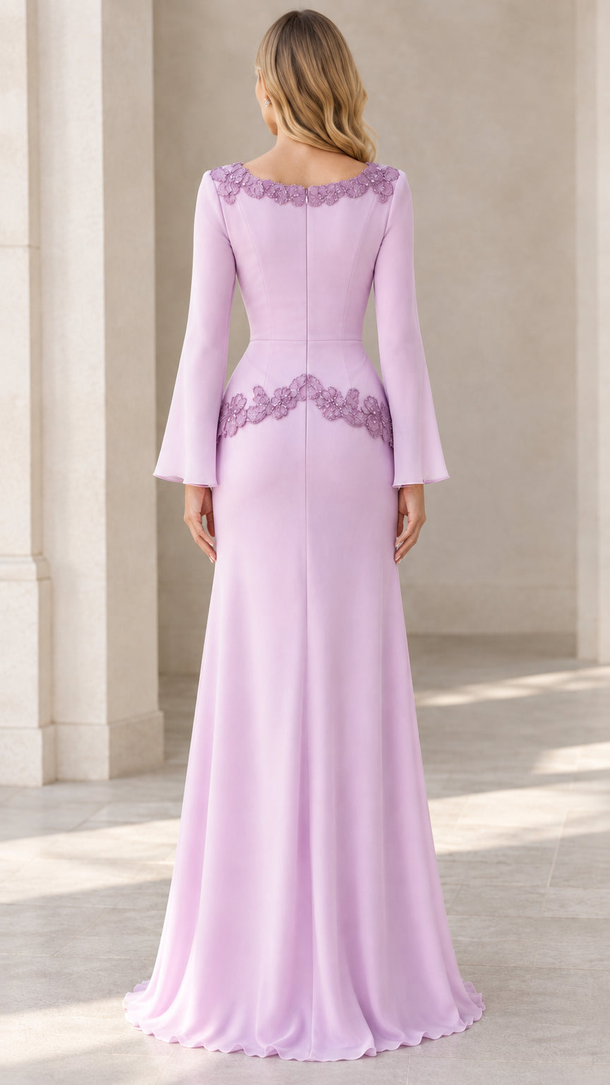 Back view of lavender evening dress showing lace-trimmed back neckline and waist