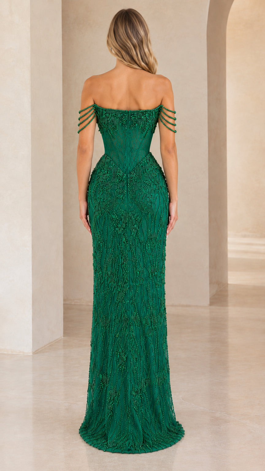 Back view of emerald green off-the-shoulder formal evening dress