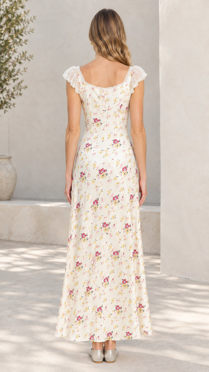 Back view of woman wearing cream floral lace trim maxi dress