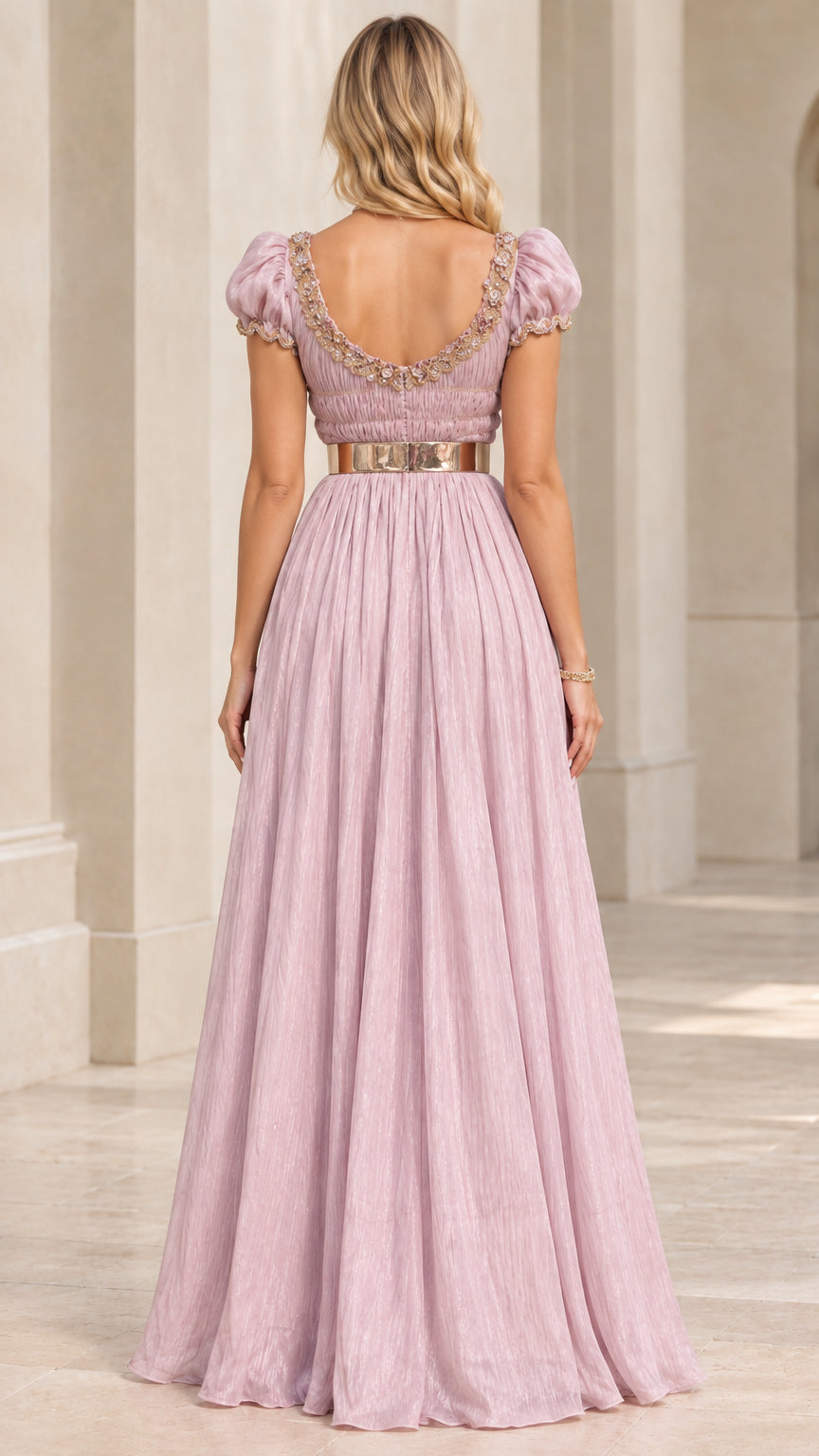 Dusty lilac pleated evening gown with scoop back - rear view