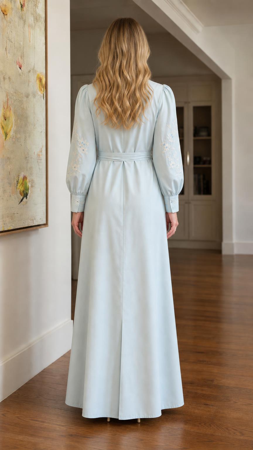 Back view of light blue maxi dress