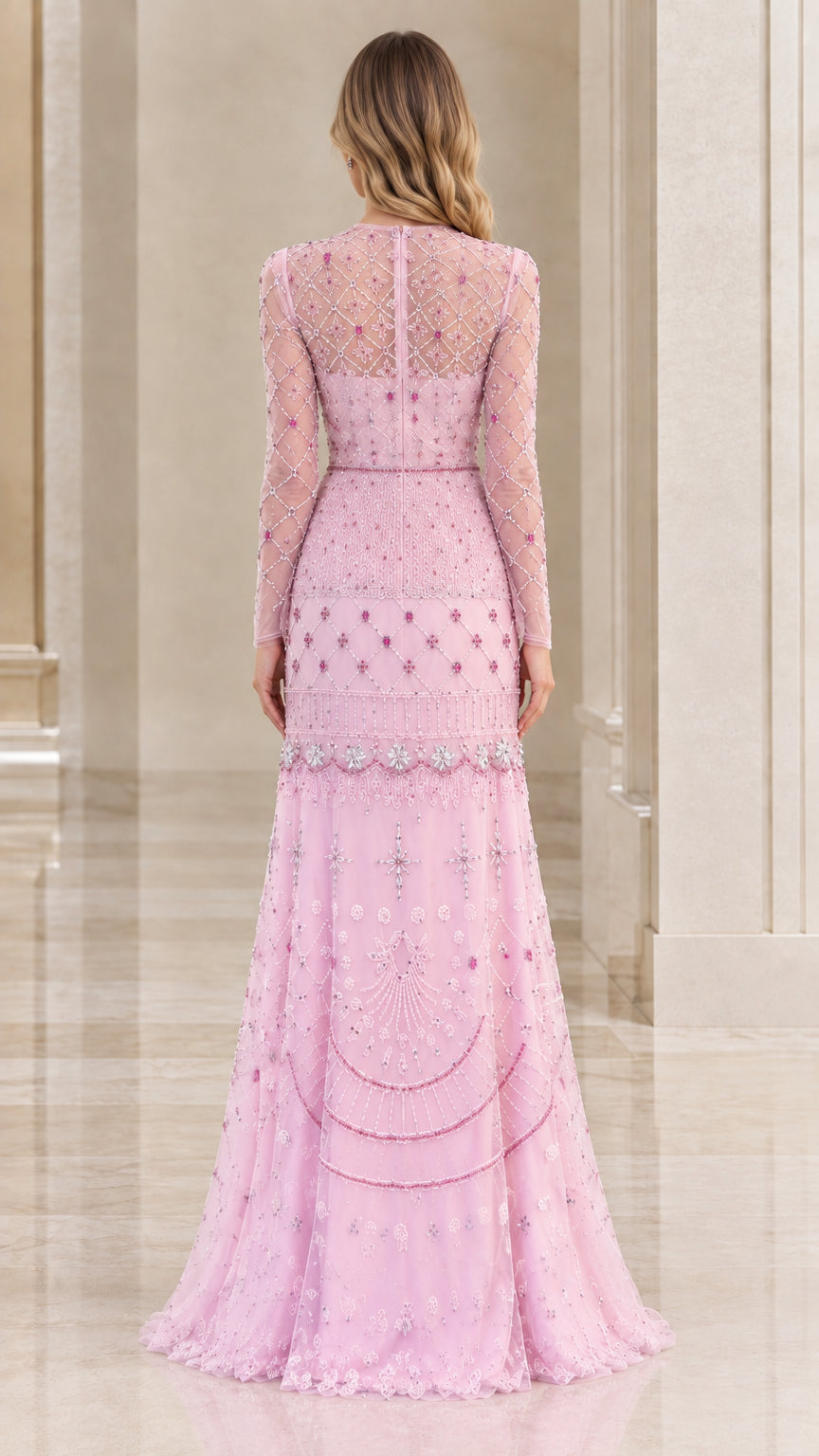 Back view of blush pink long-sleeve beaded evening gown