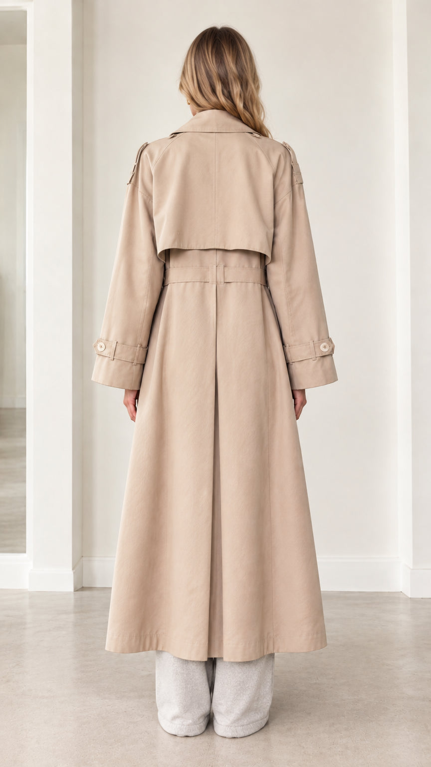 Back view of beige maxi trench coat showing storm flap and deep back vent