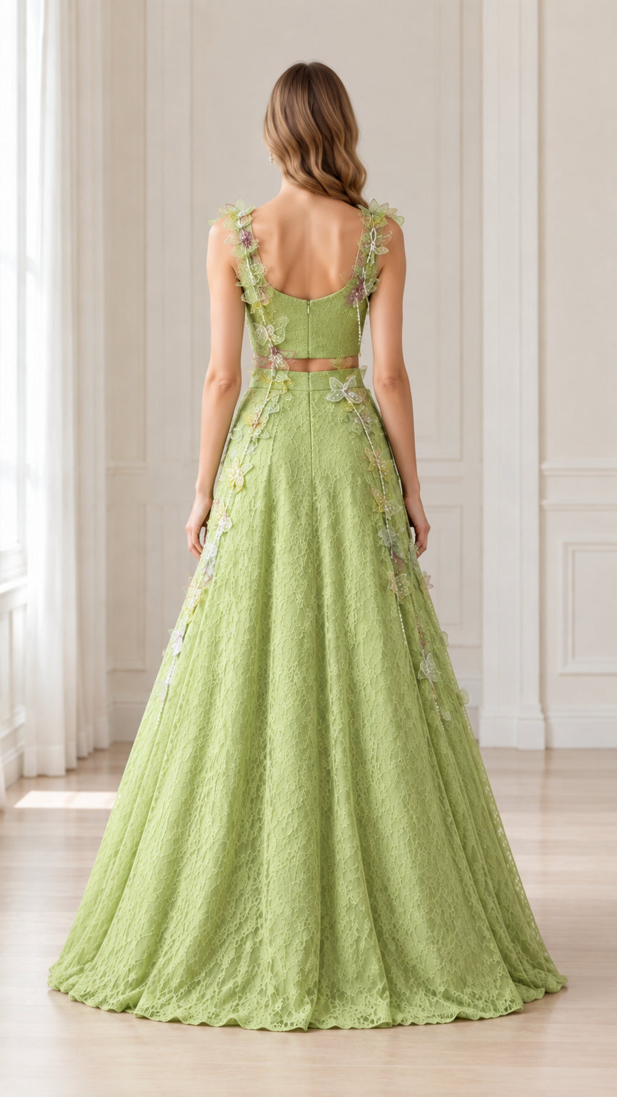 Back view of Sage Green lace evening gown showing cutout waist detail