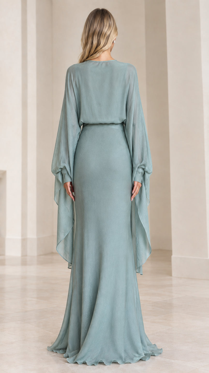 Back view of sage green maxi evening dress showing flowing cape sleeves and hem