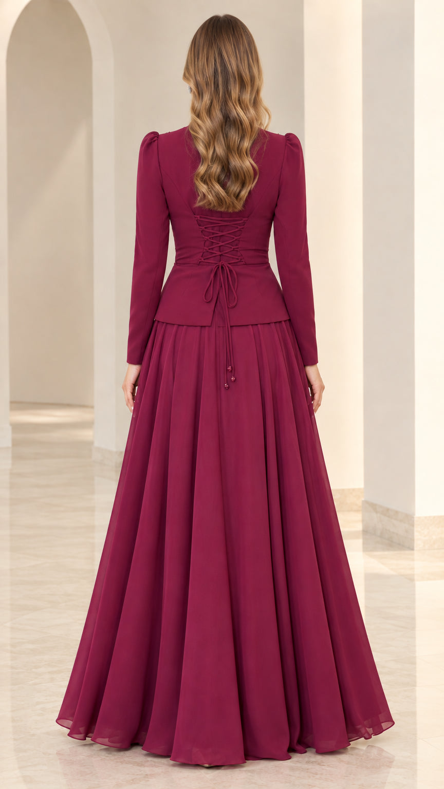 Back view of burgundy formal evening gown featuring lace-up corset detail