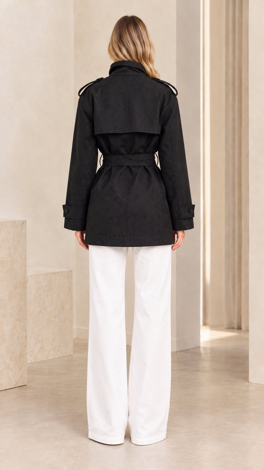 Back view of model wearing black short trench coat showing storm flap detail and tie belt