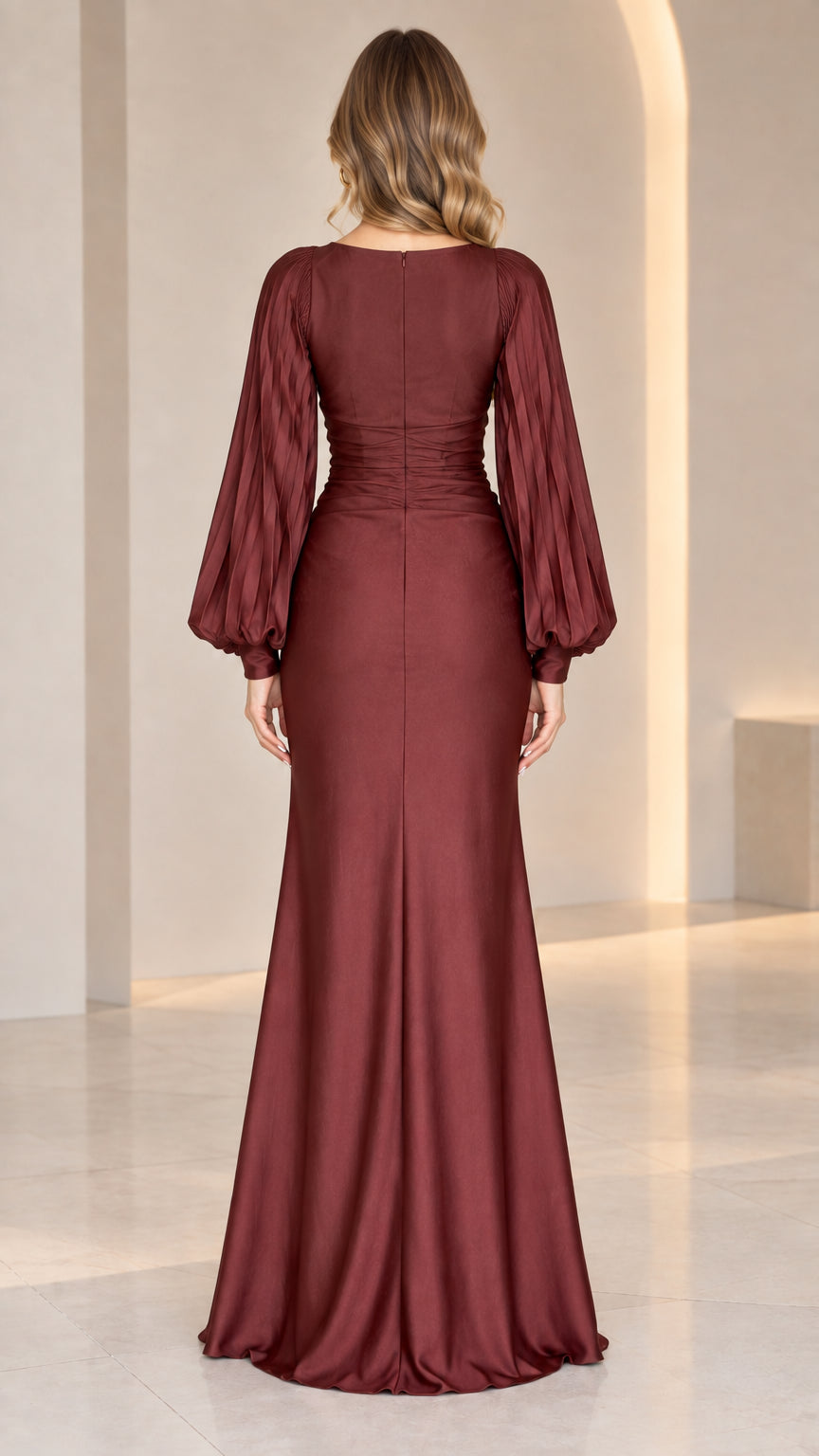 Model wearing Burgundy long sleeve formal maxi dress - back view