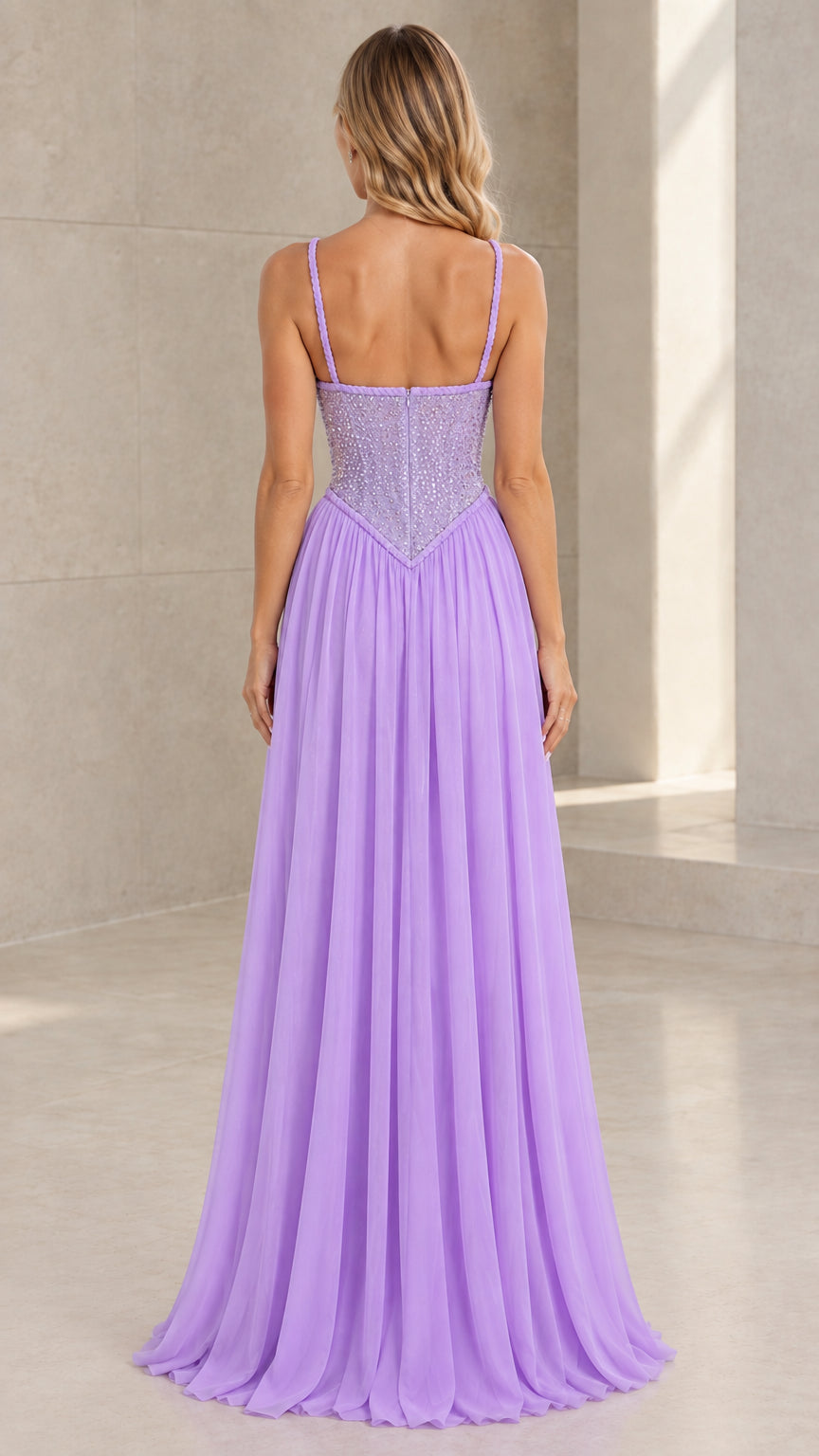 Back view of model in Lilac spaghetti strap pleated chiffon maxi dress