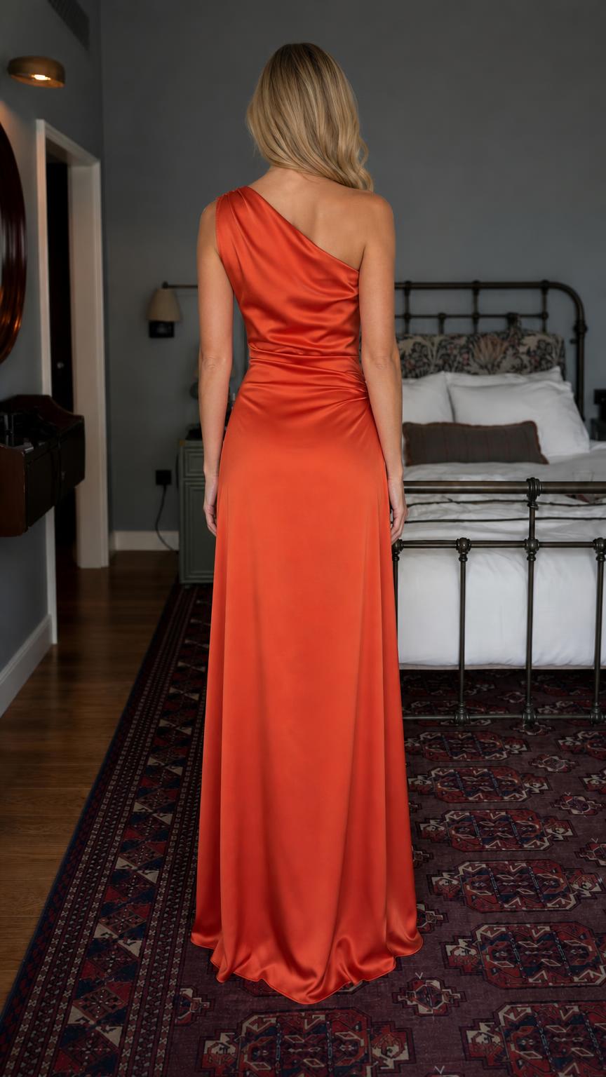 Back view of rust orange one-shoulder maxi dress