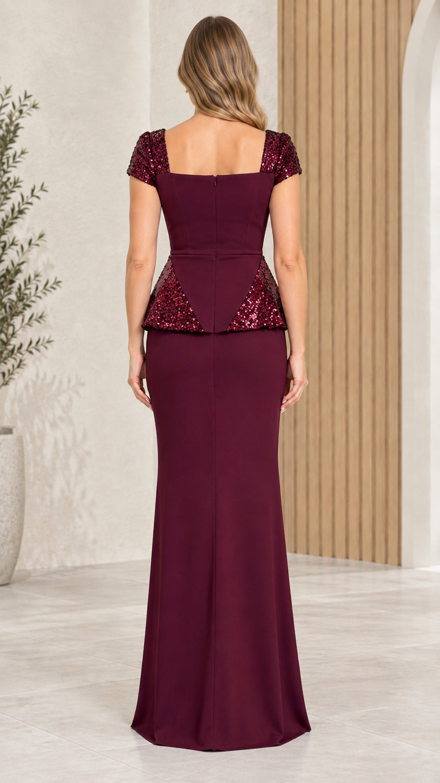 Burgundy floor length evening dress back view with square neckline