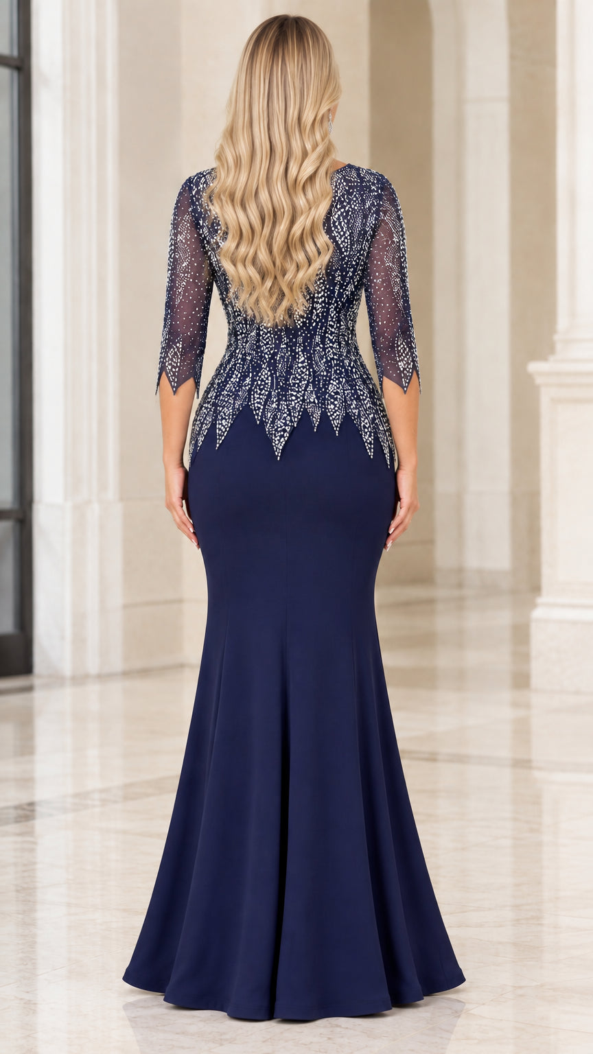 Back view of navy blue floor-length formal evening gown with back zipper