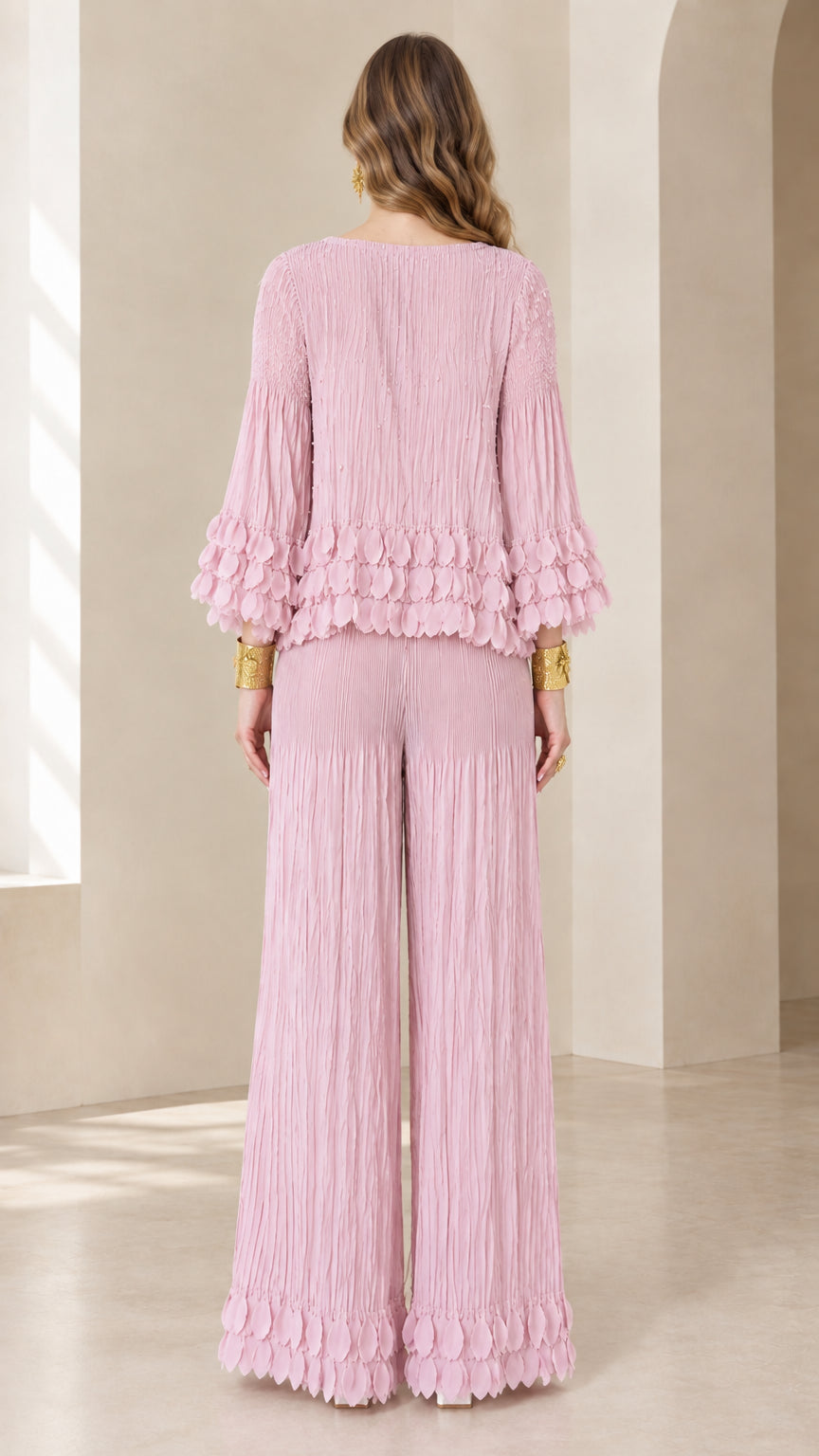 Back view of pink crinkle wide-leg pant and top set