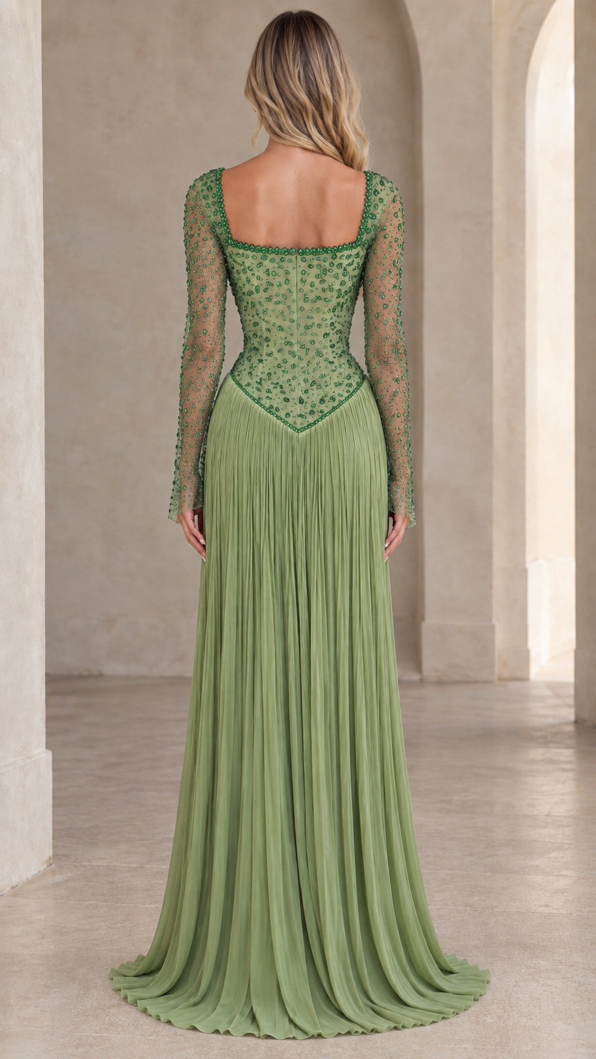 Back view of Sage Green beaded bodice gown with floor-length pleated skirt