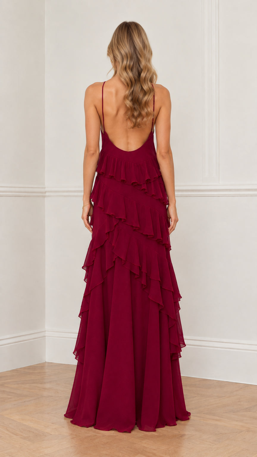 Back view showing low open back on burgundy tiered maxi dress