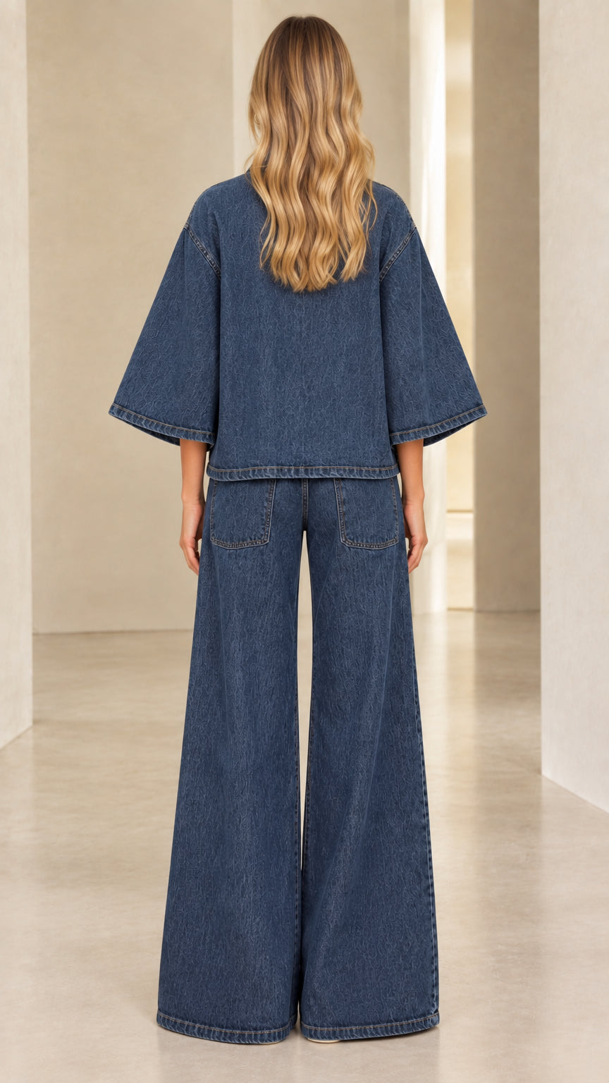 Back view of model wearing Denim Blue flared sleeve denim jacket and wide-leg trousers