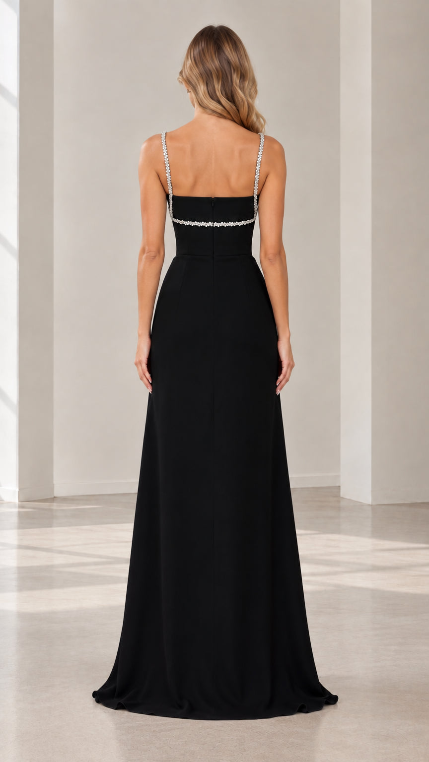 Back view of black floor-length formal dress showing straight neckline and straps