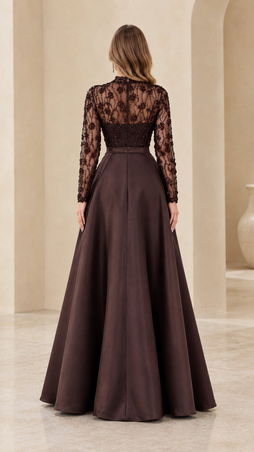Back full-length view showing the sweeping satin overskirt and back lace detailing