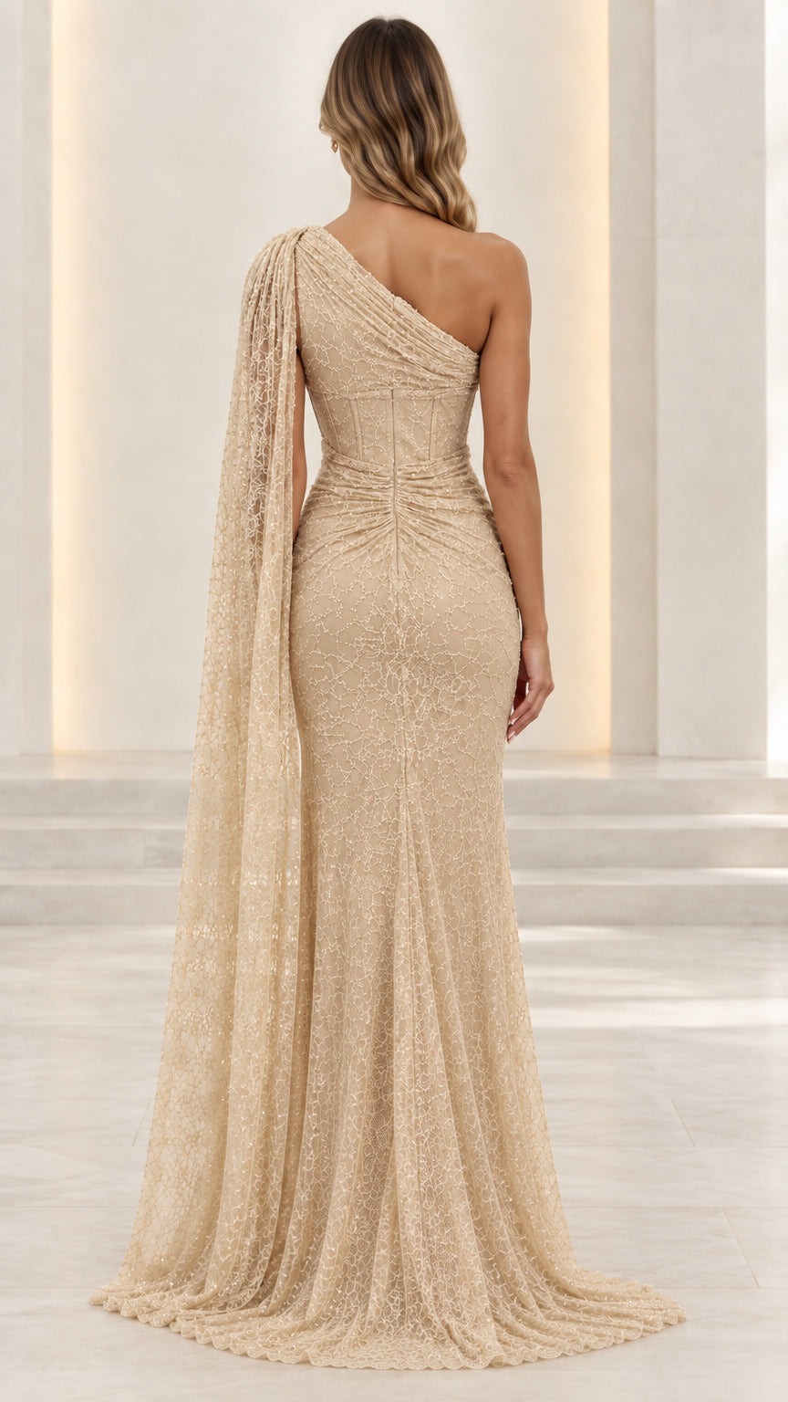 Champagne one-shoulder cape evening gown back view