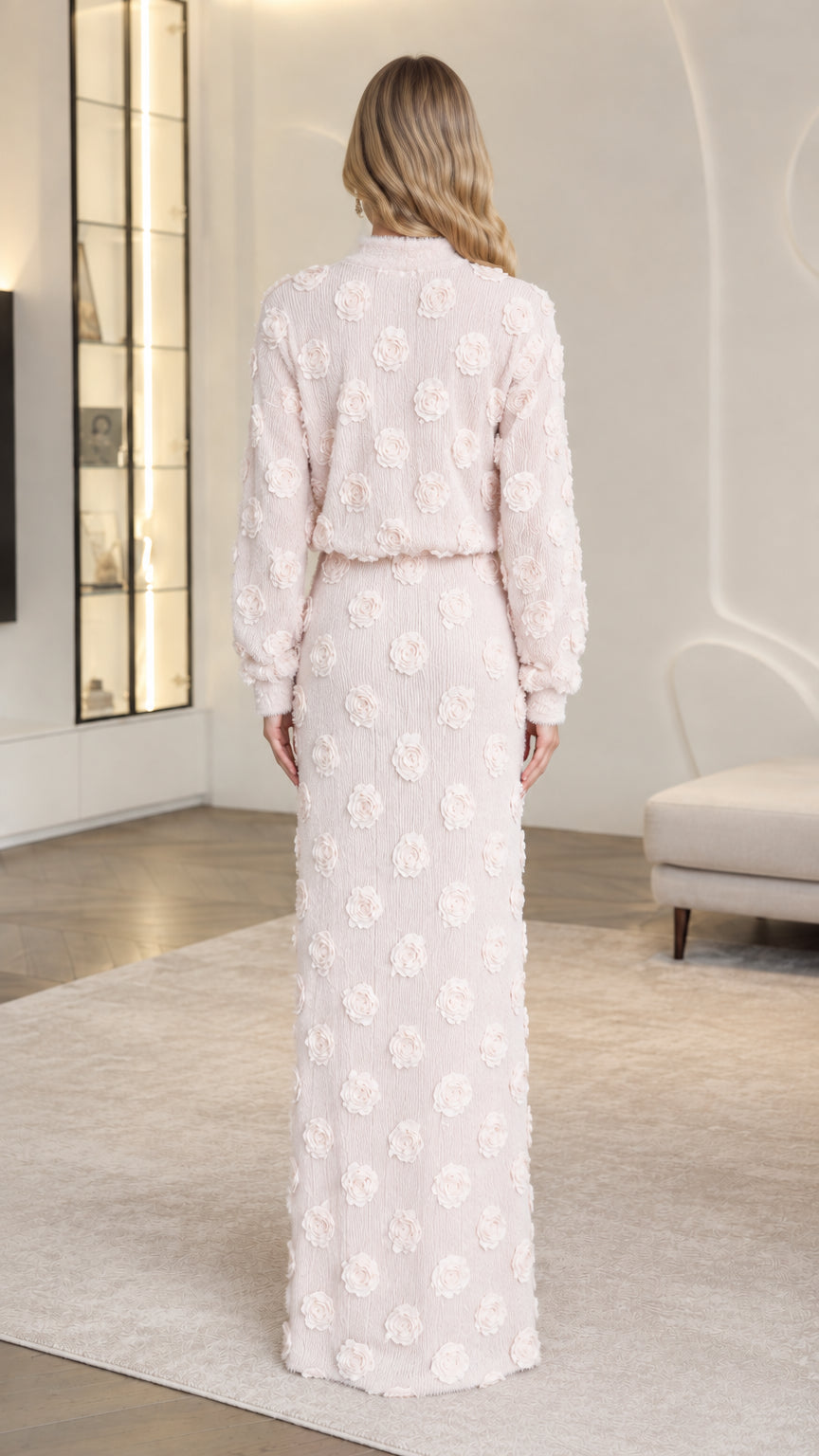 Back view of woman wearing Blush Pink 3D rose textured maxi skirt and top set