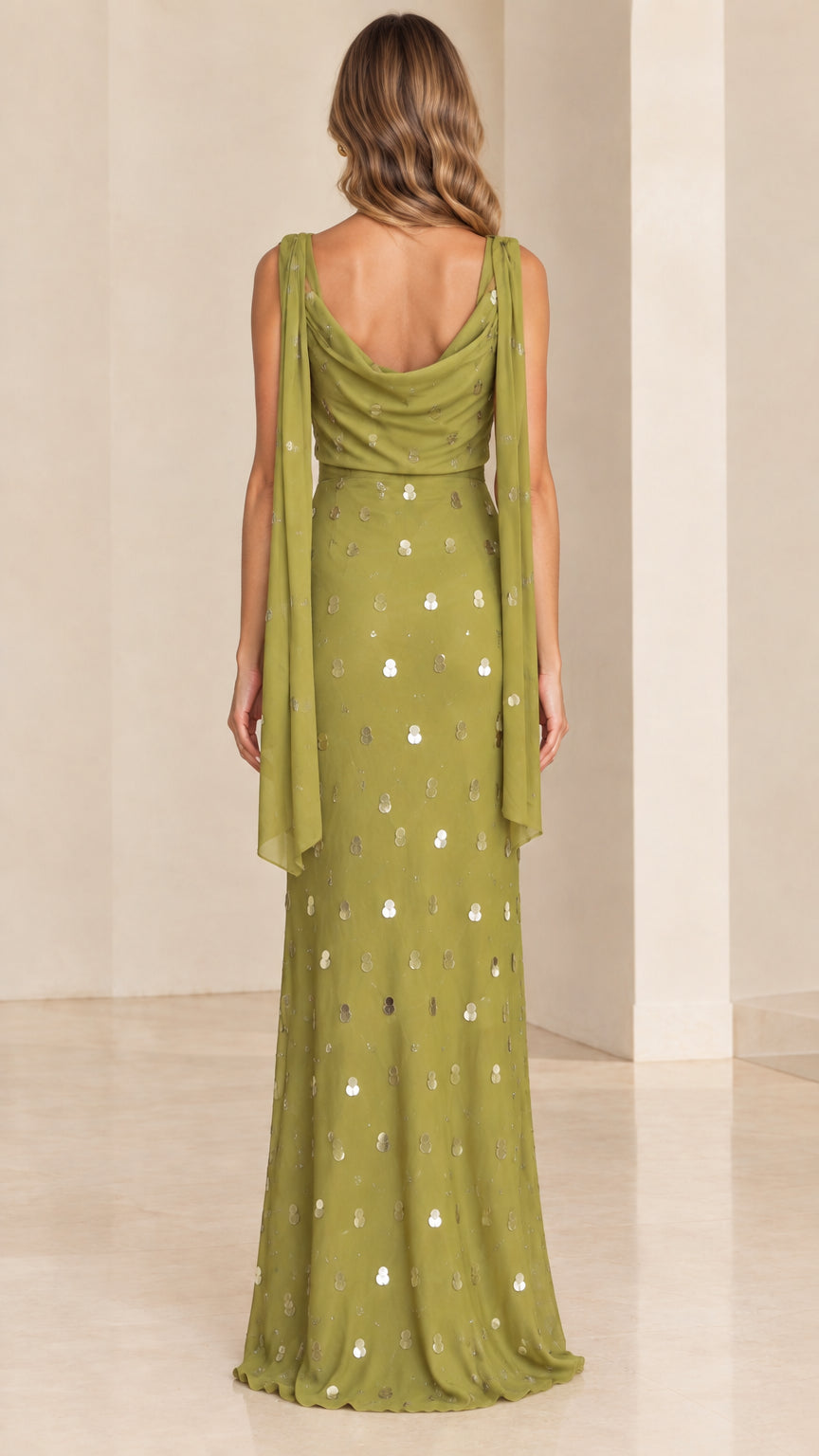 Back view of olive green cowl back formal gown showing draped sash accents